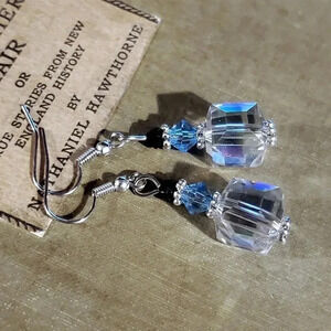Faceted Czech Crystal Clear Blue Black Silver Cube and Bicone Earrings